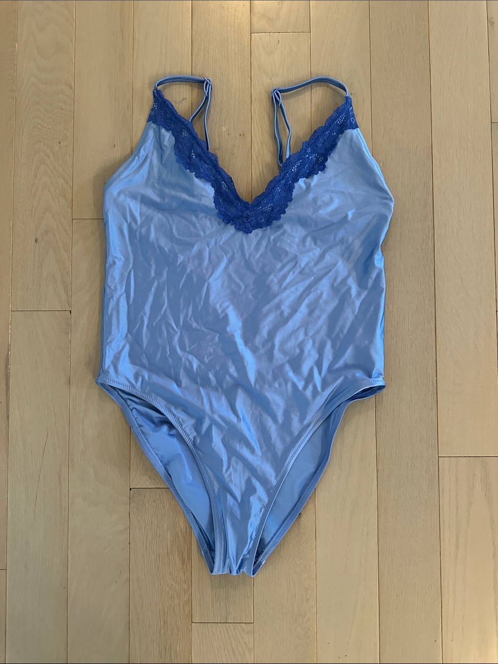 aerie Light Blue One-Piece Swimsuit with Dark Blue Lace Trim
